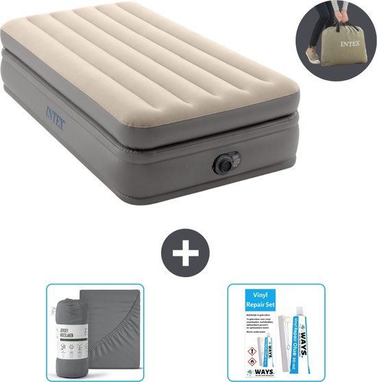 Intex Luchtbed - 1-Persoons - 99 x 191 x 51 cm - Grijs - Met Ingebouwde pomp + Hoeslaken Antraciet + Reparatieset