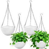 4 stuks hangende plantenpotten van 20,3 cm, zelfbewaterende ronde hangende mand met waterbak en metalen ketting, vetplanten plantenpot container voor binnen, buiten, tuin, balkon, muurdecoratie, wit