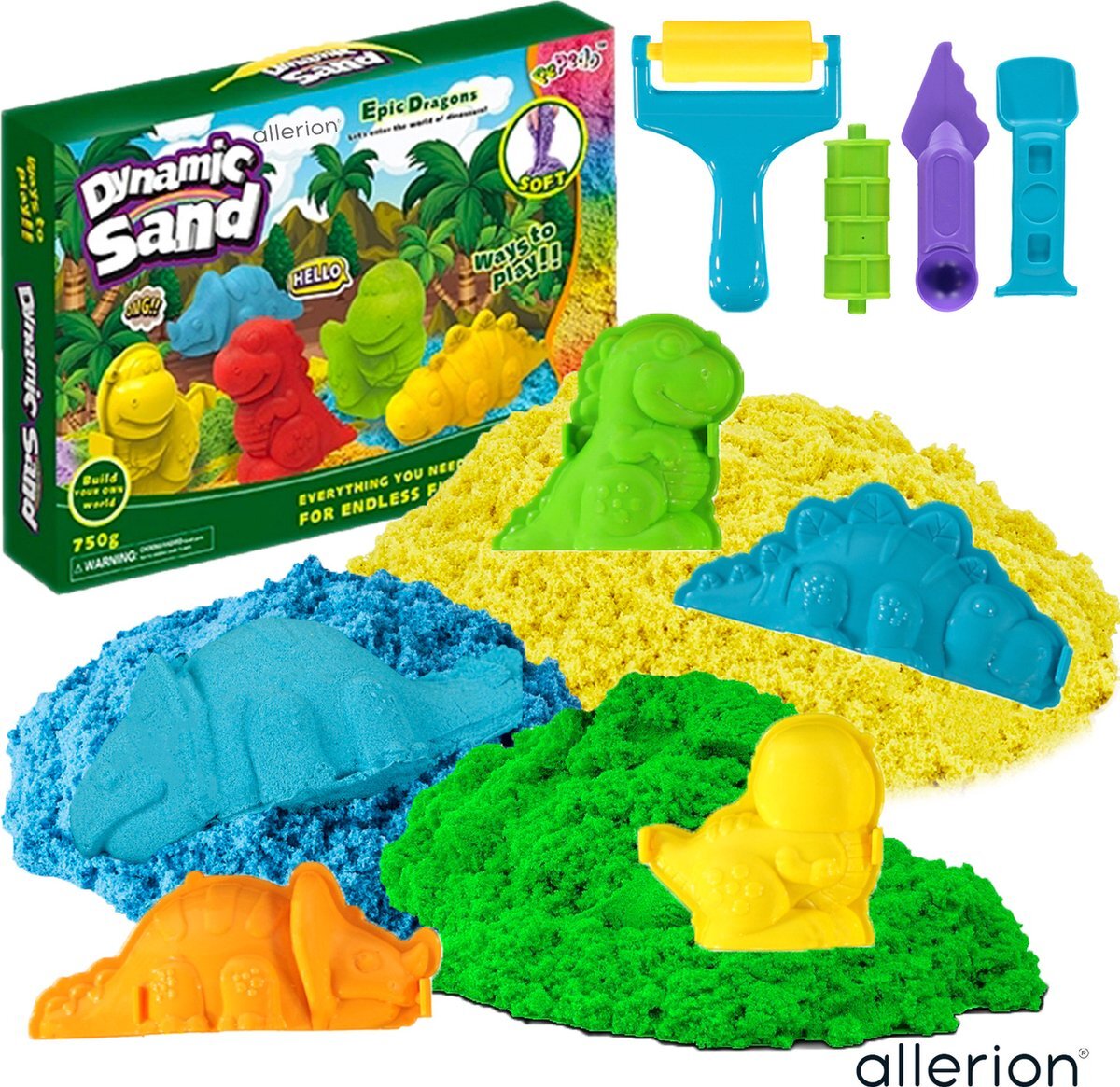 Allerion® Allerion Magic Kinetic Sand Set Dino –Dinosaurus Thema - Verschillende Kleuren – Inclusief Vormpjes en Accessoires