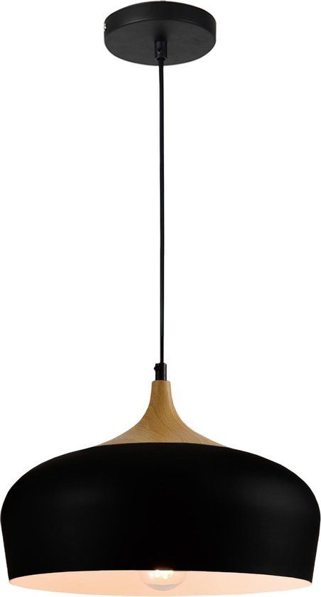QUVIO Hanglamp Scandinavisch - Rond metaal met houtlook - Diameter 33 cm - Zwart en bruin