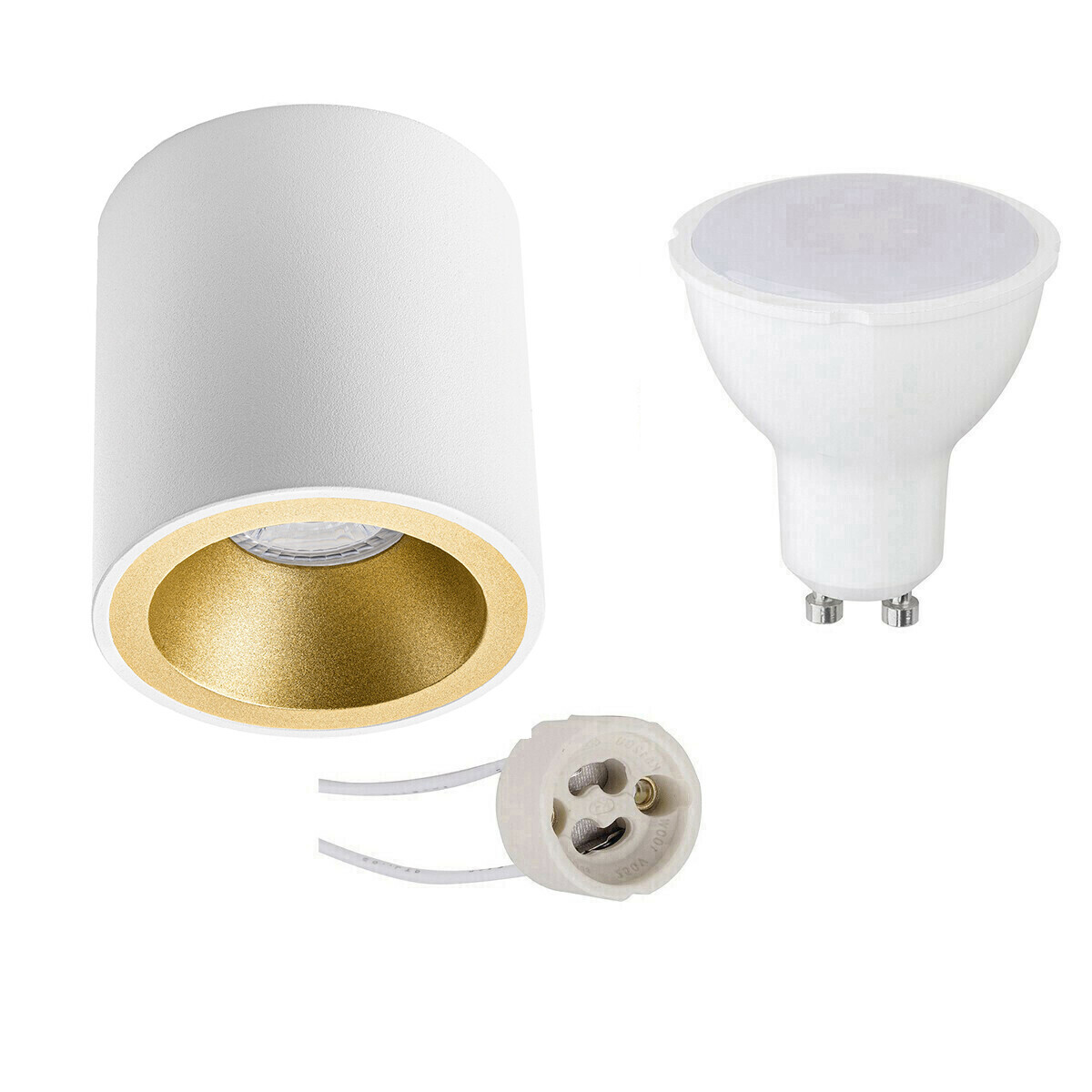 BES LED Voordeelset Opbouwspot Set - Pragmi Cliron Pro - GU10 Fitting - Dimbaar - Opbouw Rond - Mat Wit/Goud - 6W - Helder/Koud Wit 6400K - Verdiept - Ã˜90mm