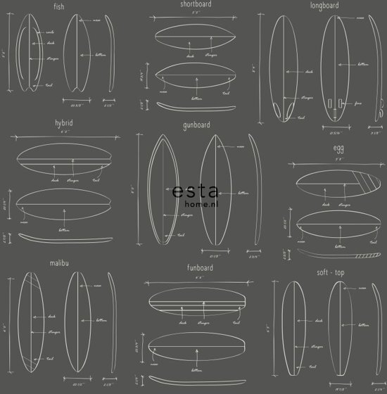 Esta Home behang technische tekeningen van surfplanken donkergrijs - 128872 van uit Regatta Crew - Surf Edition