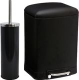 MSV Badkamer accessoires set - zwart - metaal - pedaalemmer 6L en toiletborstel in houder