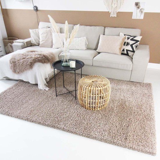 Tapeso Hoogpolig Vloerkleed Shaggy Trend Effen - Beige - 80x150 cm