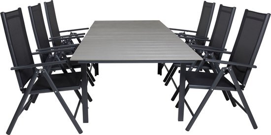 Hioshop Levels tuinmeubelset tafel 100x160/240cm en 6 stoel Break zwart, grijs.