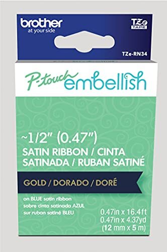 Brother P-Touch Embellish Gold Print op Navy Satin Ribbon TZERN34 - ~½" Breed x 13,1" Lang voor gebruik met P-Touch Embellish Ribbon & Tape Printer