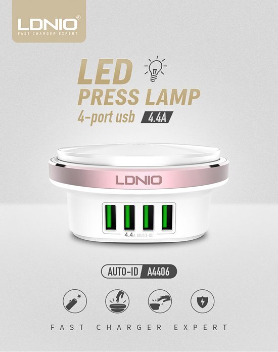 LDNIO Premium Oplaad Station met 4 USB Poorten 4.4A en LED nacht verlichting met druk knop voor het aan en uit zetten van de LED verlichting