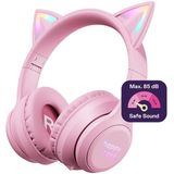 HappyCase Casque pour enfants avec oreilles de chat - limiteur de volume sécurisé - Casque Bluetooth pour enfants - Éclairage LED - Casque supra-auriculaire - Réduction du bruit - Rose