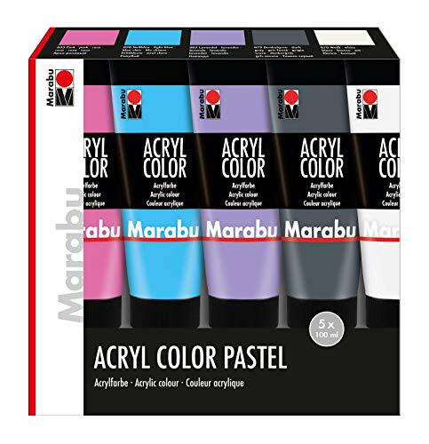 marabu 120100000088 - Acryl Color Set Pastel, 5 x 100 ml in wit, lavendel, lichtblauw, roze en donkergrijs, romige zijdematte acrylverf op waterbasis, sneldrogend, mengbaar en goed dekkend