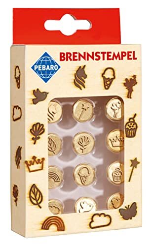 Pebaro 20700 Brandstempel voor brandschilderen, 12-delig, van messing, verschillende motieven zoals cupcake, elfjes, ster enz., voor het branden op hout, leer, kurk en andere materialen