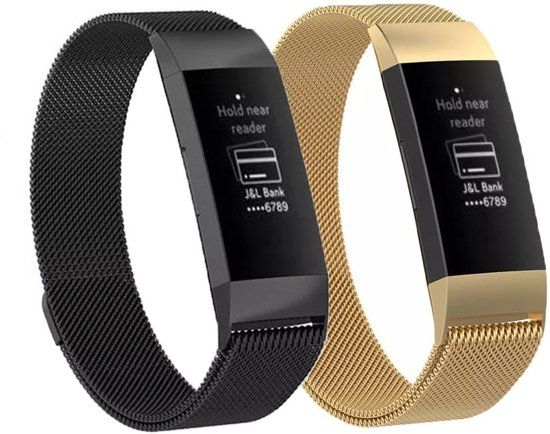KELERINO Milanees bandje voor Fitbit Charge 3 - Zwart & Goud - Small