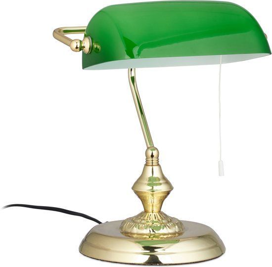 Relaxdays Notarislamp met trekschakelaar - bureaulamp groen - tafellamp messing - leeslamp