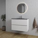 Saniclass Chaci Badkamermeubelset - 80x46x55cm - keramische wastafel zwart - 1 wasbak - zonder kraangat - 2 lades - ronde spiegel met verlichting - mat wit