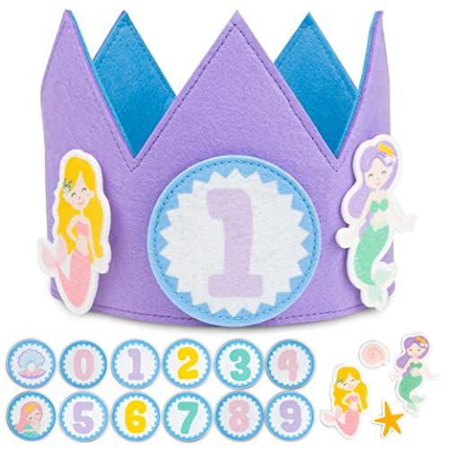 BONNYCO Zeemeermin Verjaardagskroon met Verwisselbare Getallen van 0 tot 9 en Thematische Figuren. Verjaardagsgeschenken, 1ste Verjaardag voor Meisjes. Zeemeermin Feestversiering 1ste Verjaardagskroon