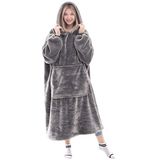 Waitu Draagbare deken sweatshirt voor dames en heren, super warme en gezellige grote deken hoodie, dikke flanellen deken met mouwen en gigantische zak - grijs