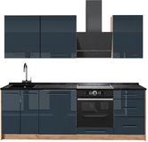 Vicco Complete keukeneenheid Fame-Line, Donkerblauw hoogglans/Goudkleurig Eiken, 230 cm
