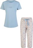 By Louise Dames Capri Pyjama Set Driekwart Broek Blauw/Soft Orange Gebloemd - Maat XXL