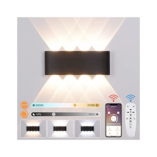 Audor Led-wandlamp voor binnen met afstandsbediening, app, 8 W, smart wandlamp, dimbaar, 2700 K-6500 K CCT, instelbare helderheid, moderne updown, wandverlichting met nachtlampje, modus voor slaapkamer, woonkamer, hal