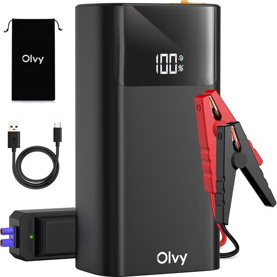 Olvy 12V Jumpstarter voor Auto - 1500A - Starthulp met Powerbank, LED Zaklamp en SOS Noodlicht - Startkabels met Accu - Startbooster
