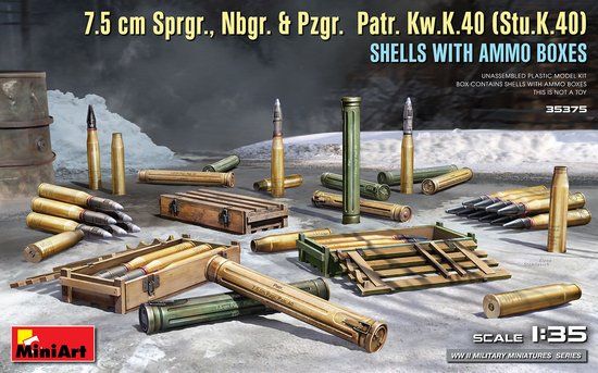 MiniArt Modelbouwpakket Militaire voertuigen - 35375 7.5 cm Sprgr., Nbgr. - Pzgr. Patr. Kw.K.40 (Stu.K.40) Shells w/ Ammo Boxes Plastic - 1:35 - Modelbouw