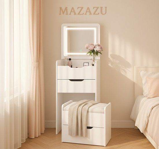 MAZAZU Kaptafel met spiegel - LED Spiegel - Nachtkast - Krukje – Compacte Make-up Tafel – Wit – 120 x 48 x40 cm