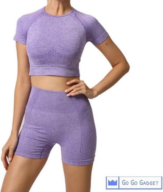 Merkloos / Sans marque Sport outfit - high waist korte broek - crop top met korte mouw - naadloos - squatproof - paars - M
