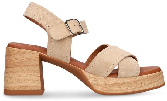 Manfield Dames Beige Suède Sandalen met Blokhak Maat 41
