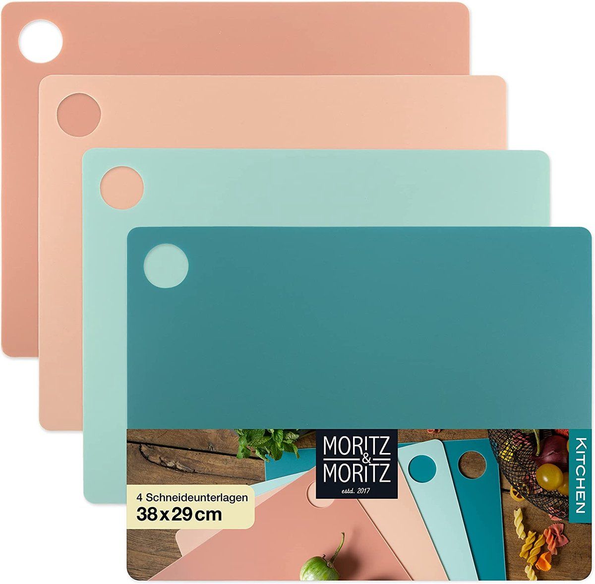 Moritz & Moritz 4 stuks flexibele snijplanken van dun kunststof 38 x 29 cm flexibele snijmat voor veilig snijden met greepopening (meerkleurig)