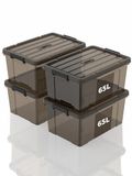 SpaceXpert Opbergdozen, opbergdozen, draagbare kunststof dozen met handvat, stapelbare organizercontainer voor slaapkamer, onrat, school, transparant bruin, 65 l (set van 4)