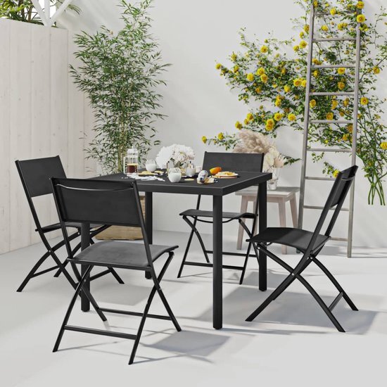 The Living Store Tuinset - Stalen Frame - Gehard Glas - Zwart - 80x80x72 cm - Stapelbare Stoelen