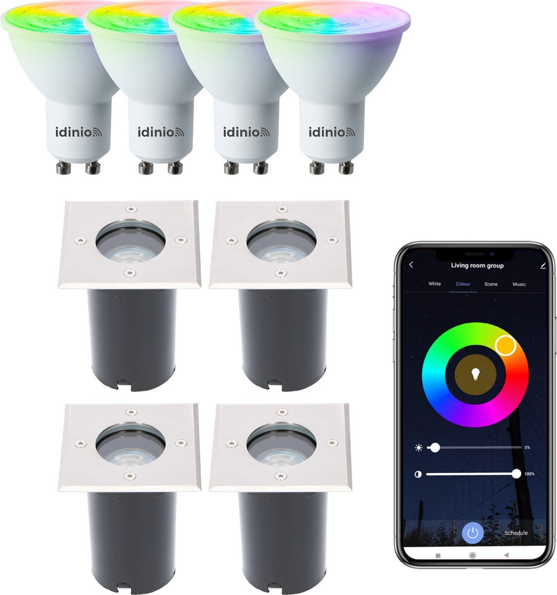 Proventa HeavyDuty LED Grondspots IP67 - 4 x Vierkant - Smart inbouw tuinspot buiten - Multicolor