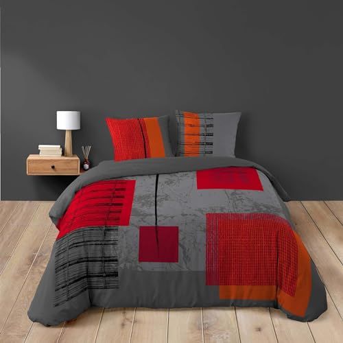 Douceur d'Intérieur Dekbedovertrek Quadro 240x220 cm Katoen Geblokt Rood/Grijs
