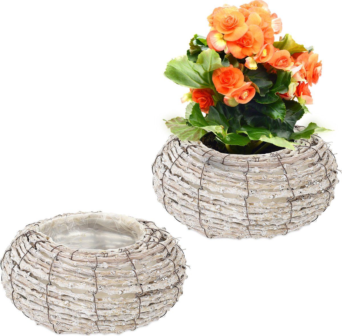 Relaxdays Bloempot Set van 2 Rotan Wit Laag Rond - 4052025425722