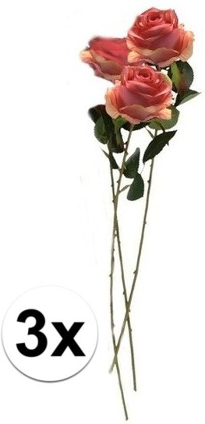 Bellatio Flowers & Plants 3x Roze Roos steelbloem 45 cm - Kunstbloemen