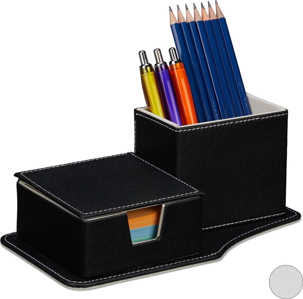 Relaxdays pennenbakje kunstleer - pennenhouder - bureau organizer - memohouder - zwart/crème