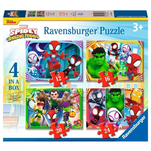 Ravensburger Marvel Spidey & His Amazing Friends Spiderman legpuzzels voor kinderen vanaf 3 jaar - 4 in een doos (12, 16, 20, 24 stuks)
