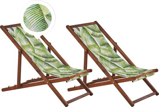 ANZIO - Strandstoel set van 2 - Donkerhout/Palm/Groen - Polyester