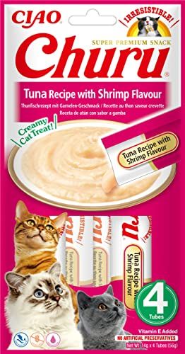 INABA Churu - Gepureerde Tonijn & Garnalen Kattensnacks - Heerlijke snacks voor katten - Gladde en romige textuur - Kattenvoer - 4 Tubes x 14g