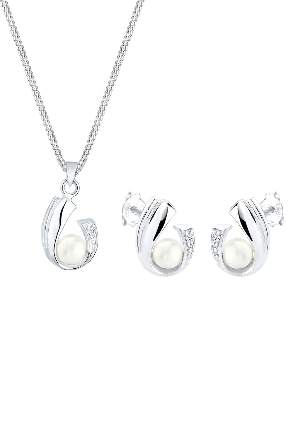 Elli DIAMONDS Sieraden Set Dames - Zoetwaterparels & Diamant (0.04 ct.) - 925 Sterling Zilver