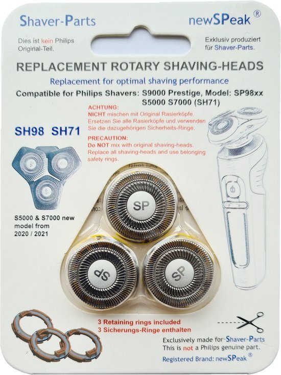 Shaver-Parts Scheerkoppen compatibel met model SH98 en SH71 van Philips, alternatieve vervanging, geschikt voor Philips scheerapparaten S9000 Prestige SP9xx en S5000, S7000 scheerapparaat met hoekhouder