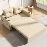 OKWISH Canapé-lit 131 cm - 3-en-1 Dépliable 2 places avec USB et Type-C, porte-gobelets et poches latérales - Salon - Coton Lin - Beige