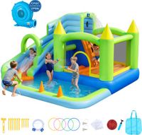 VEVOR Opblaasbaar Water Springkasteel, 344x374x213cm, Springkasteel met Waterglijbaan, Springkasteelelementen, Basketbalring, Zwembadje en Ringwerpspel, voor 3-4 Kinderen (3 tot 8 Jaar)