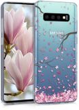 kwmobile Samsung Galaxy S10 hoesje - TPU back cover met kersenbloesembladeren design - poederroze/donkerbruin/transparant
