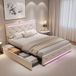 Velours Beige Lit 140x190 cm - 2hxf - Sommier à lattes et 4 tiroirs - LED intégrée et port USB