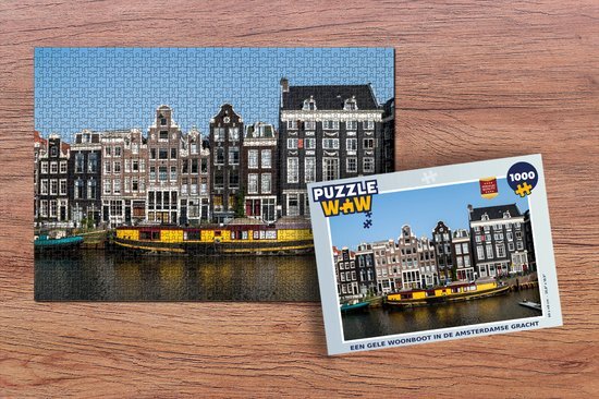 MuchoWow Puzzel Een gele woonboot in de Amsterdamse gracht - Legpuzzel - Puzzel 1000 stukjes volwassenen