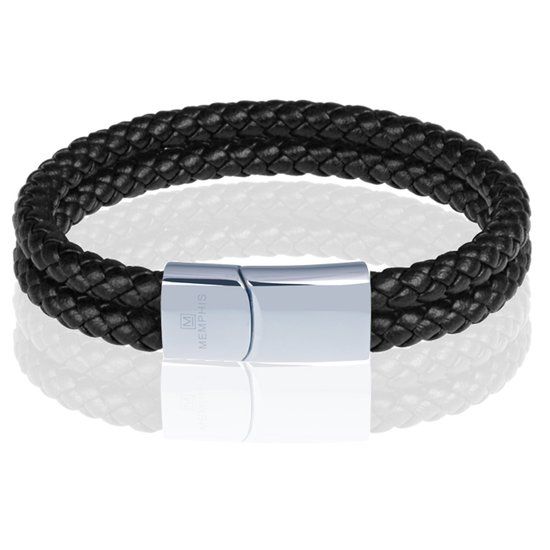 Memphis Dubbele Leren Armband Zwart Zilver - 23cm
