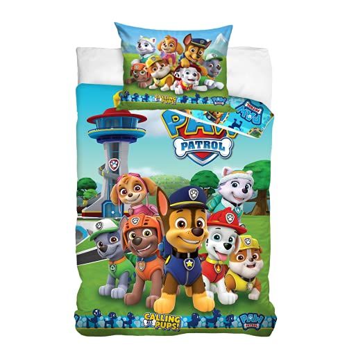 termana Paw Patrol dekbedovertrek, 100 x 135 cm, 40 x 60 cm, katoen, baby-kinderbeddengoed voor meisjes en jongens, 2-delig, 1 kussensloop 40 x 60 cm + 1 dekbedovertrek 100 x 135 cm
