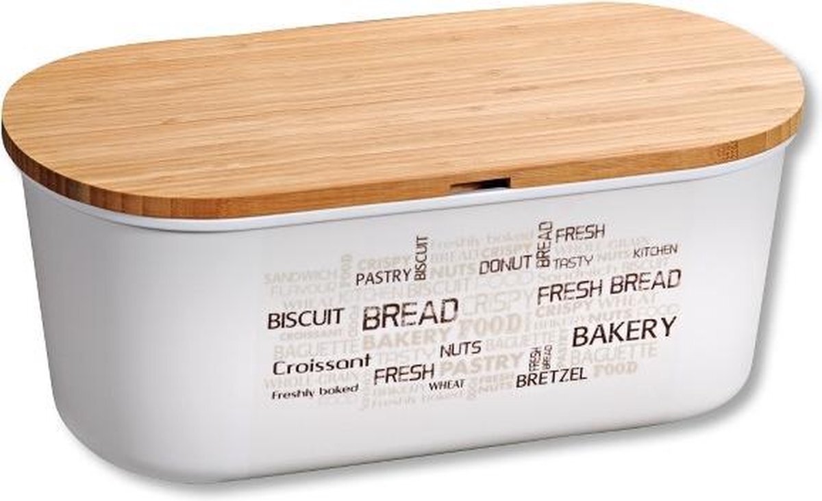 Decopatent Melamine Ovale 2 in 1 Broodtrommel met Bamboe Snijplank | Brood Bewaar doos met hoge kwaliteit Bamboe snij plank | Met Bamboe Deksel, te gebruiken als brood snijplank | Afm. 34 x 20 x 14.5 Cm. | Kleur Brood trommel: Naturel Wit