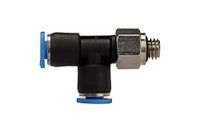 T-steeksluiting. RIEGLER T-steeksluiting. »Blauwe serie« mini, L-vorm, draaibaar, M6, voor buitenslang Ø 3 mm, werkdruk max. 10 bar, kunststof/MS vern.