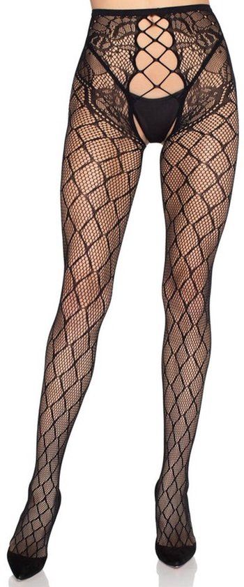 Leg Avenue Net Tights with Crotchless Panty - Zwart